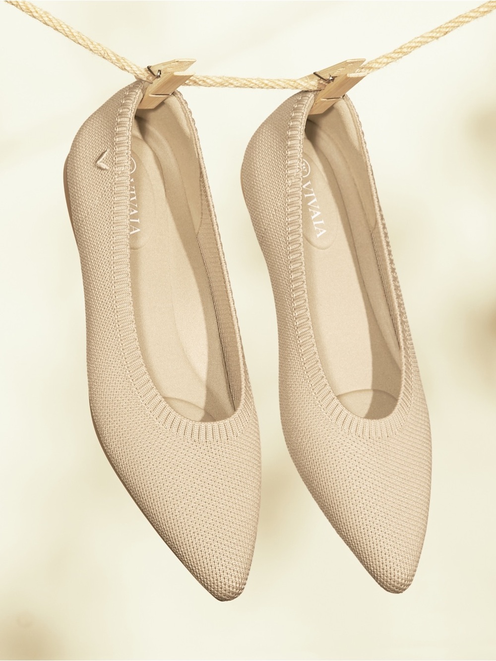 NEW Vivaia Aria 5 Pointed Toe Knit Flats Beige Comfort Shoes Minimalist Size 9.5